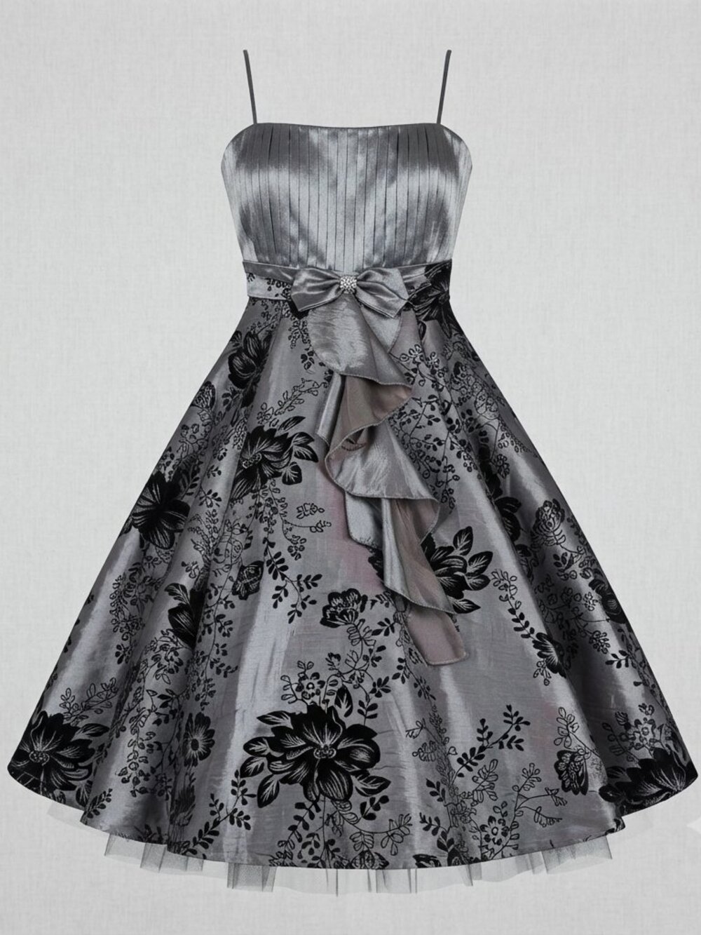 NWT Dress190 Grey Floral Flocked Taffeta Party Dress Size 12/14 Rhinestone Bow